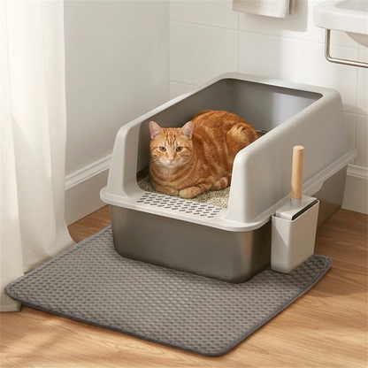 Orange tabby cat relaxing in large stainless steel high-sided litter tray — My Petsworth