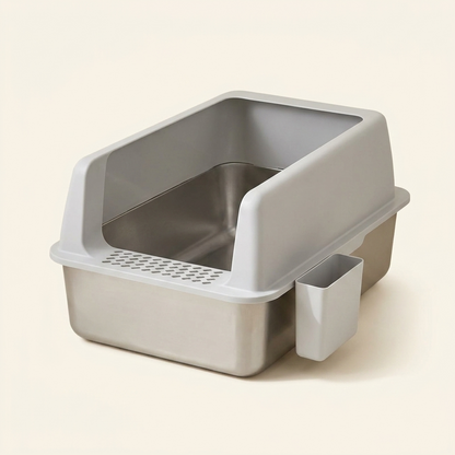 Large stainless steel high-sided cat litter tray on cream background — My Petsworth