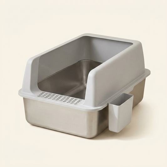 Large stainless steel high-sided cat litter tray on cream background — My Petsworth