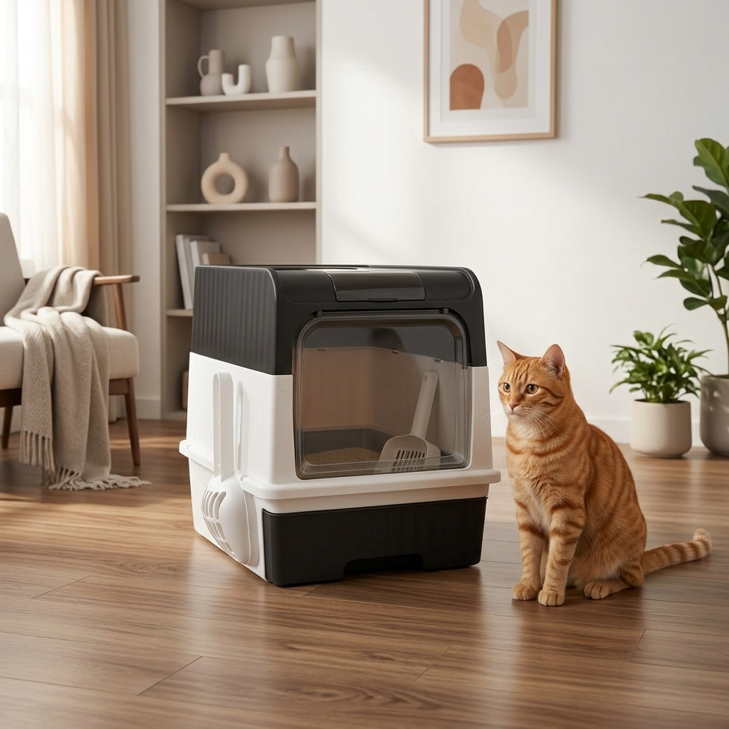 Orange tabby cat sitting beside hooded cat litter box in modern living room — My Petsworth