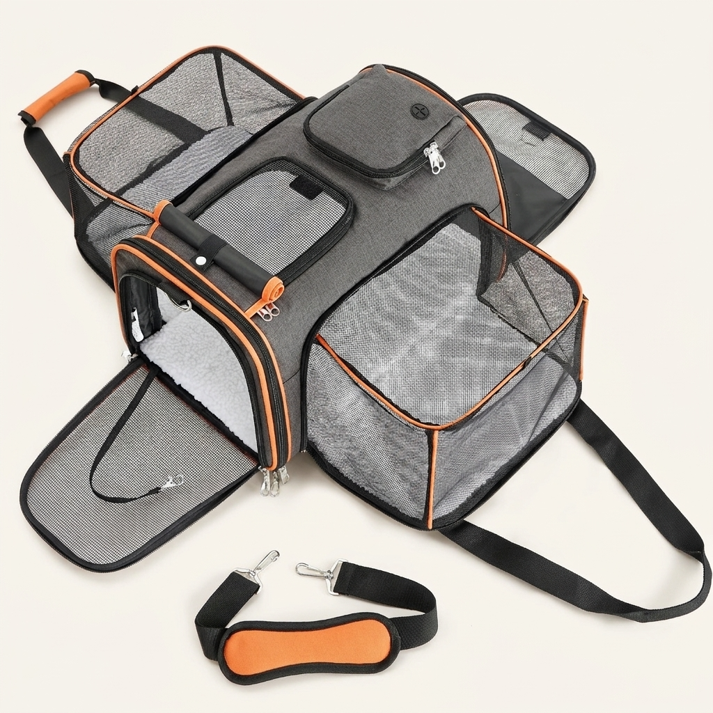 Expandable pet carrier travel bag on cream background — My Petsworth