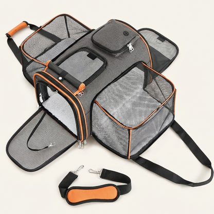 Expandable pet carrier travel bag on cream background — My Petsworth