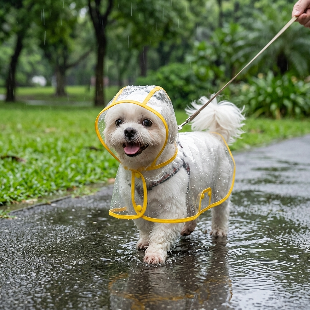 Dog wearing transparent hooded raincoat poncho — My Petsworth