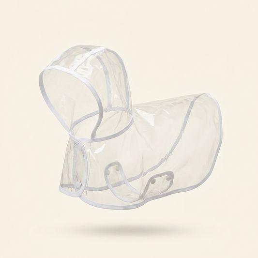 White edge transparent dog raincoat on cream background — My Petsworth