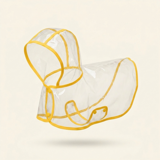 Yellow edge transparent dog raincoat on cream background — My Petsworth