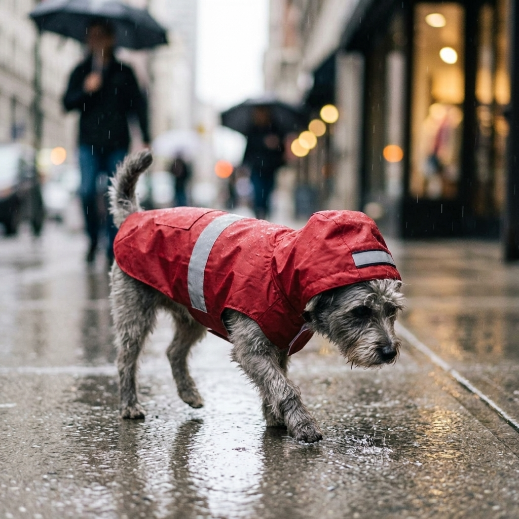 Dog wearing waterproof hooded raincoat with reflective stripe — My Petsworth