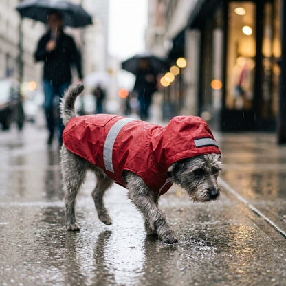 Dog wearing waterproof hooded raincoat with reflective stripe — My Petsworth