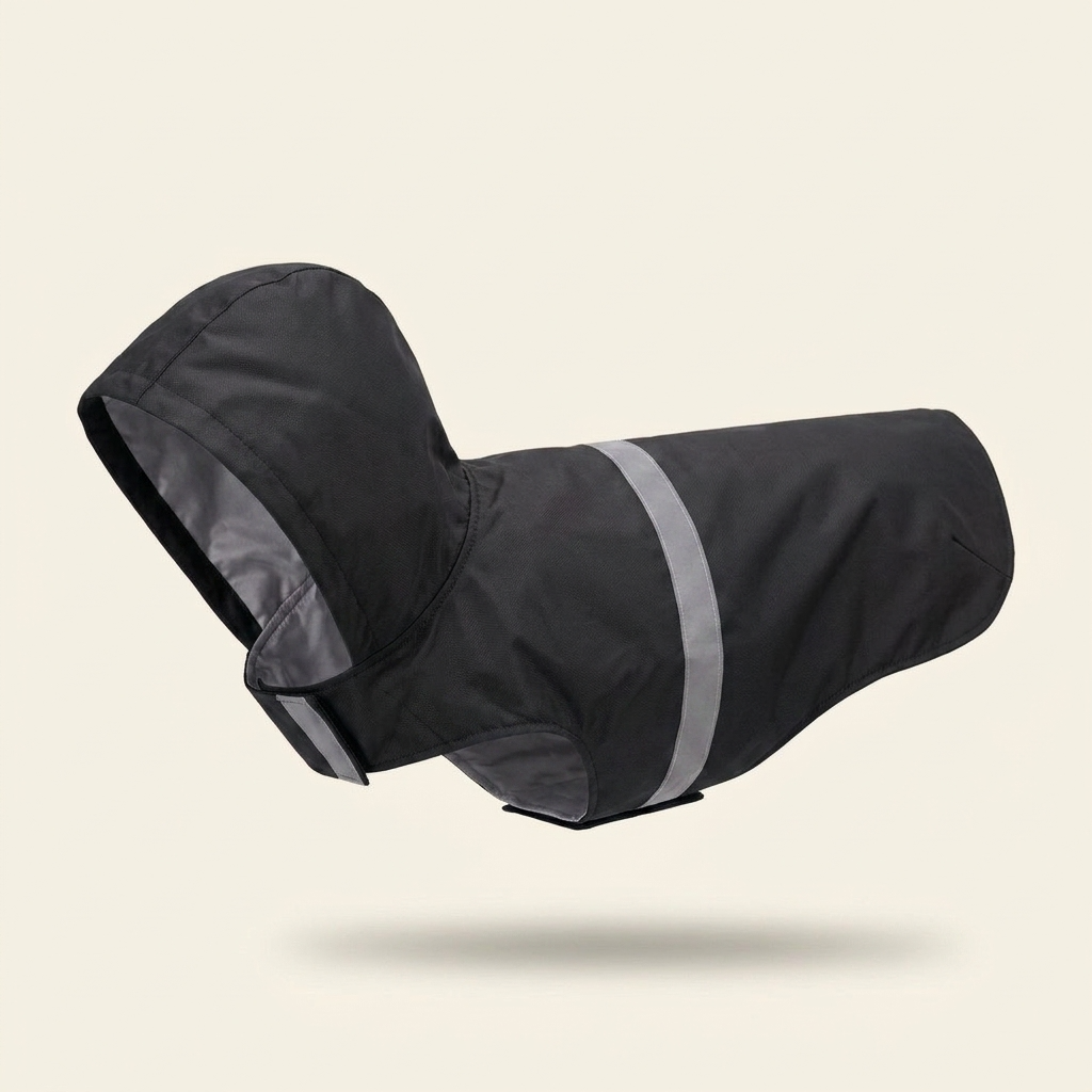 Black hooded dog raincoat with reflective stripe on cream background — My Petsworth