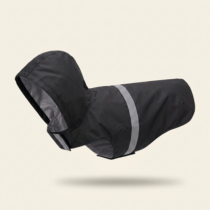 Black hooded dog raincoat with reflective stripe on cream background — My Petsworth