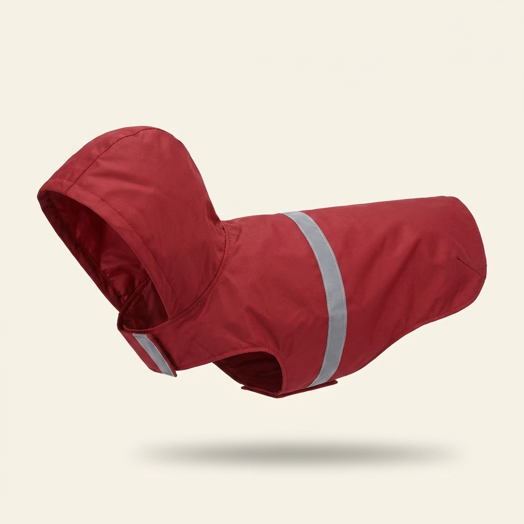 Red hooded dog raincoat with reflective stripe on cream background — My Petsworth