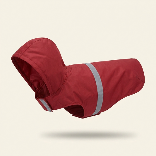 Red hooded dog raincoat with reflective stripe on cream background — My Petsworth