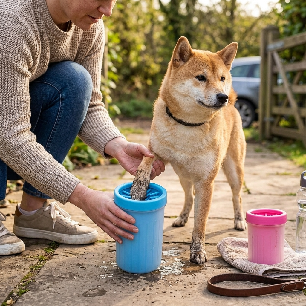 Person cleaning dog's paw with silicone paw cleaner cup — My Petsworth