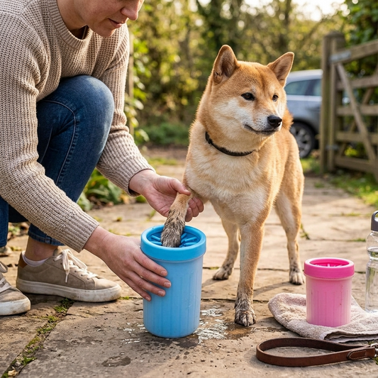 Person cleaning dog's paw with silicone paw cleaner cup — My Petsworth
