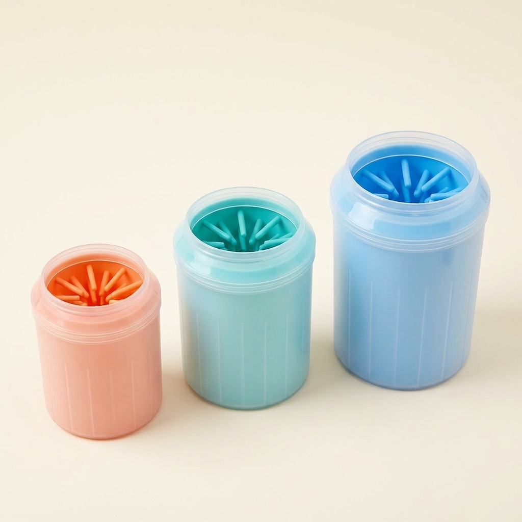 Dog paw cleaner cup with soft silicone bristles on cream background — My Petsworth