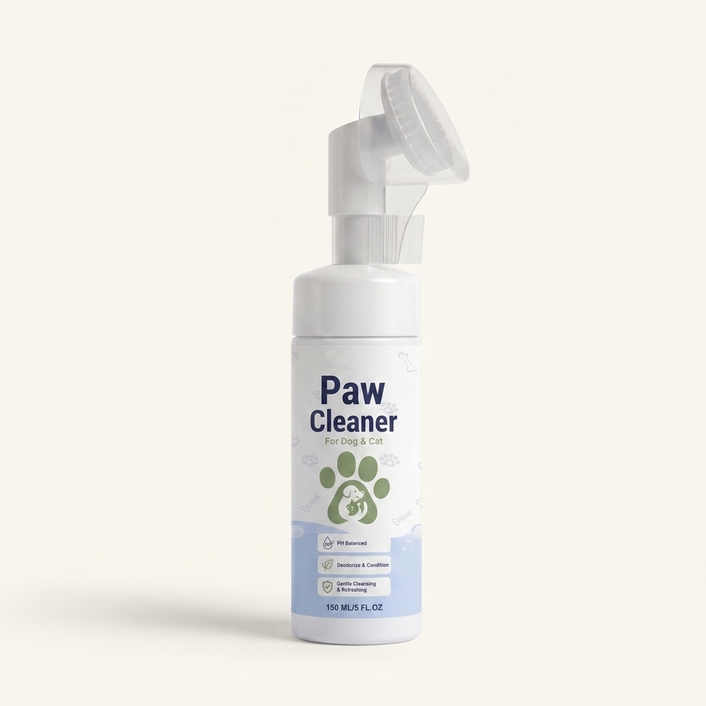 Person applying foam paw cleanser from the bottle to a dog's paw — My Petsworth