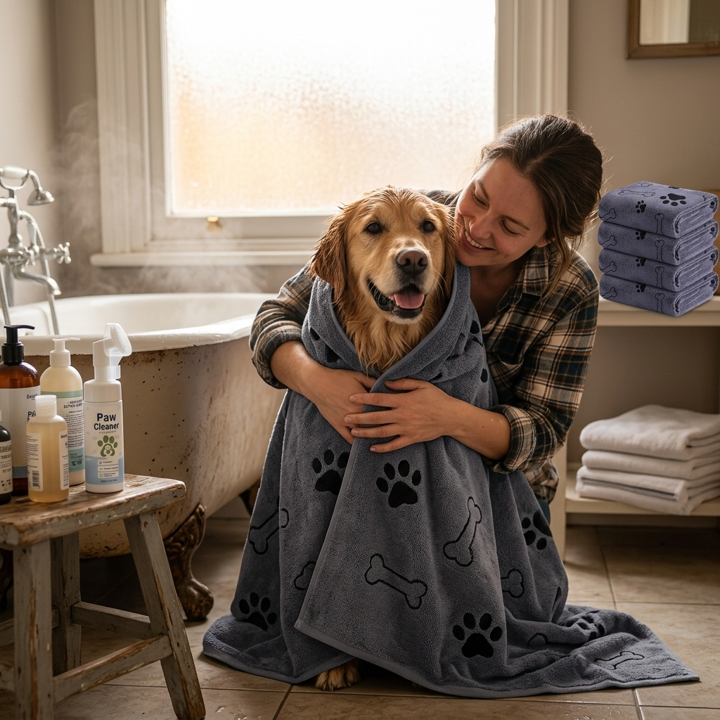 Person wrapping dog in large absorbent bath towel — My Petsworth