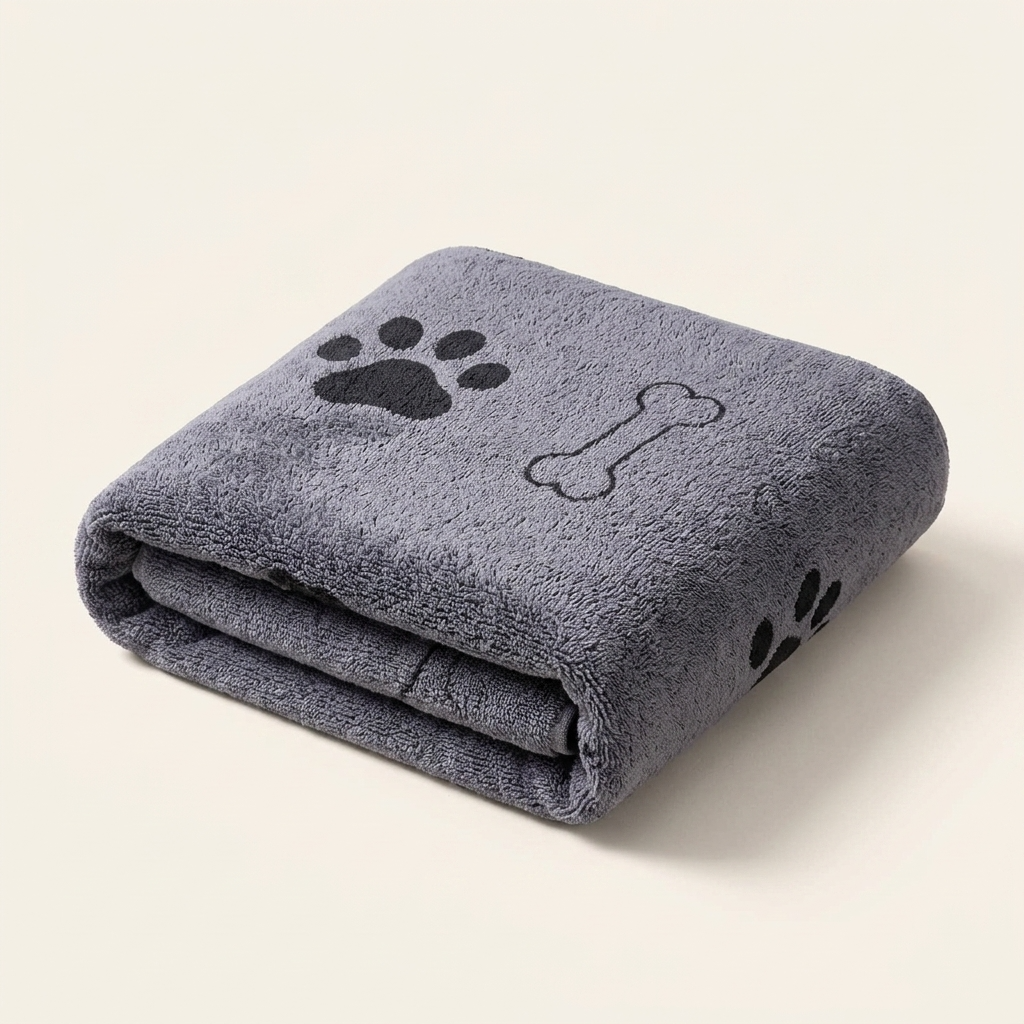Blue and grey pet bath towel on cream background — My Petsworth
