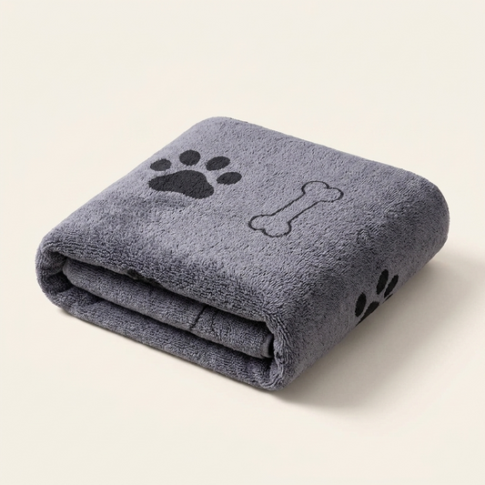 Blue and grey pet bath towel on cream background — My Petsworth