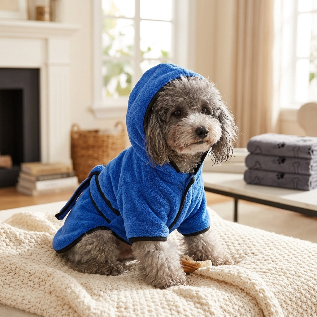 Dog wearing the microfibre drying bathrobe — My Petsworth