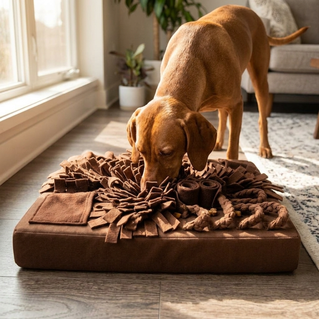 Dog sniffing and foraging in snuffle mat enrichment toy — My Petsworth