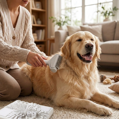 Person grooming dog with curved deshedding comb — My Petsworth