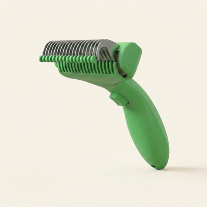 Green pet deshedding comb on cream background — My Petsworth