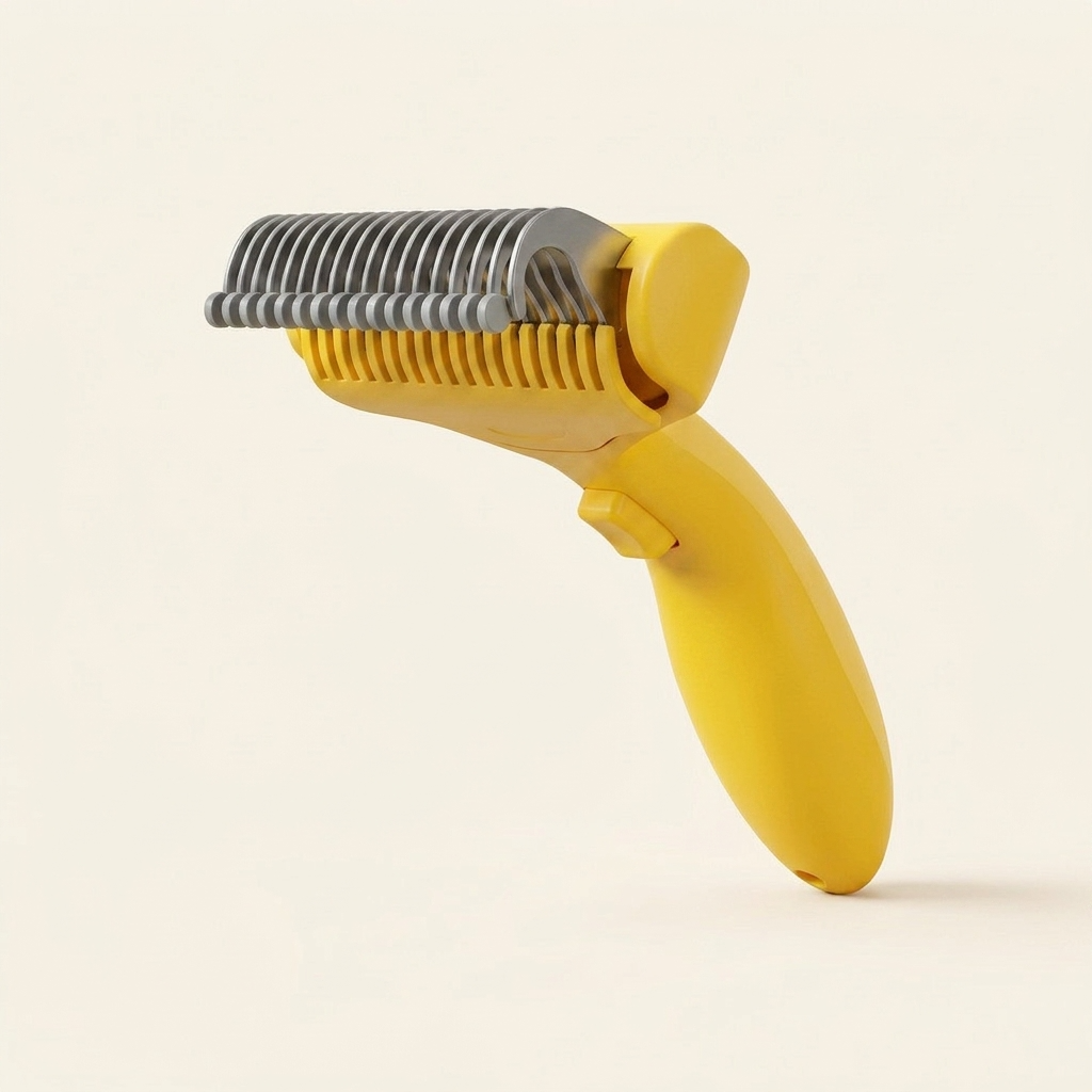 Yellow pet deshedding comb on cream background — My Petsworth