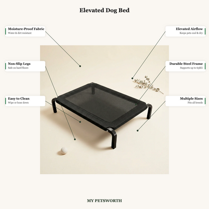Elevated Dog Bed features - moisture-proof, non-slip, elevated airflow, durable frame