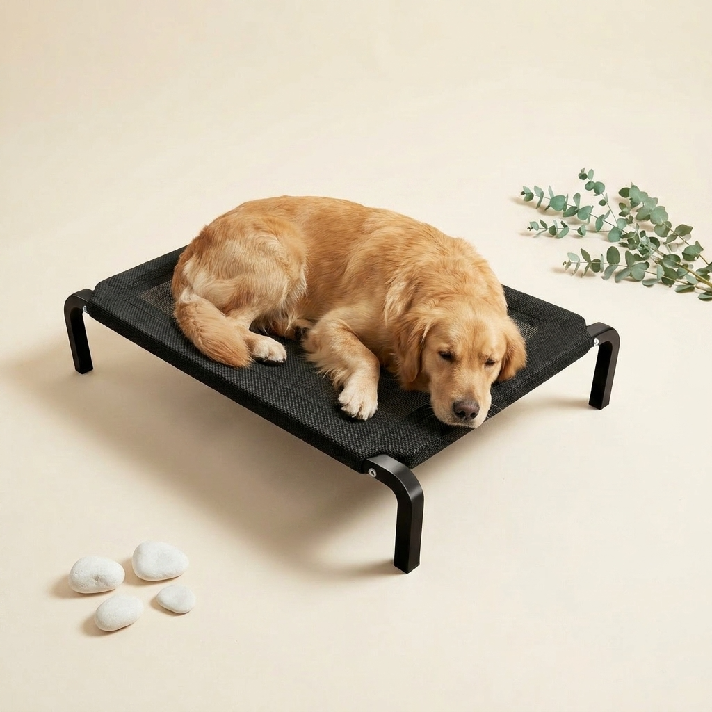 Elevated Dog Bed lifestyle - Golden Retriever resting on black elevated bed