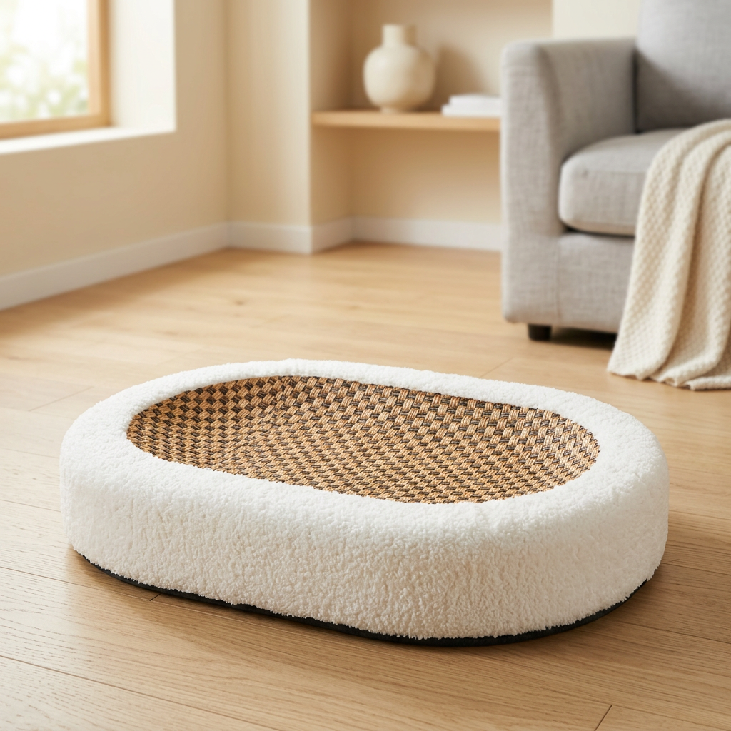 Cat Scratch Bed with Rattan Centre & Plush Fleece Border | My Petsworth