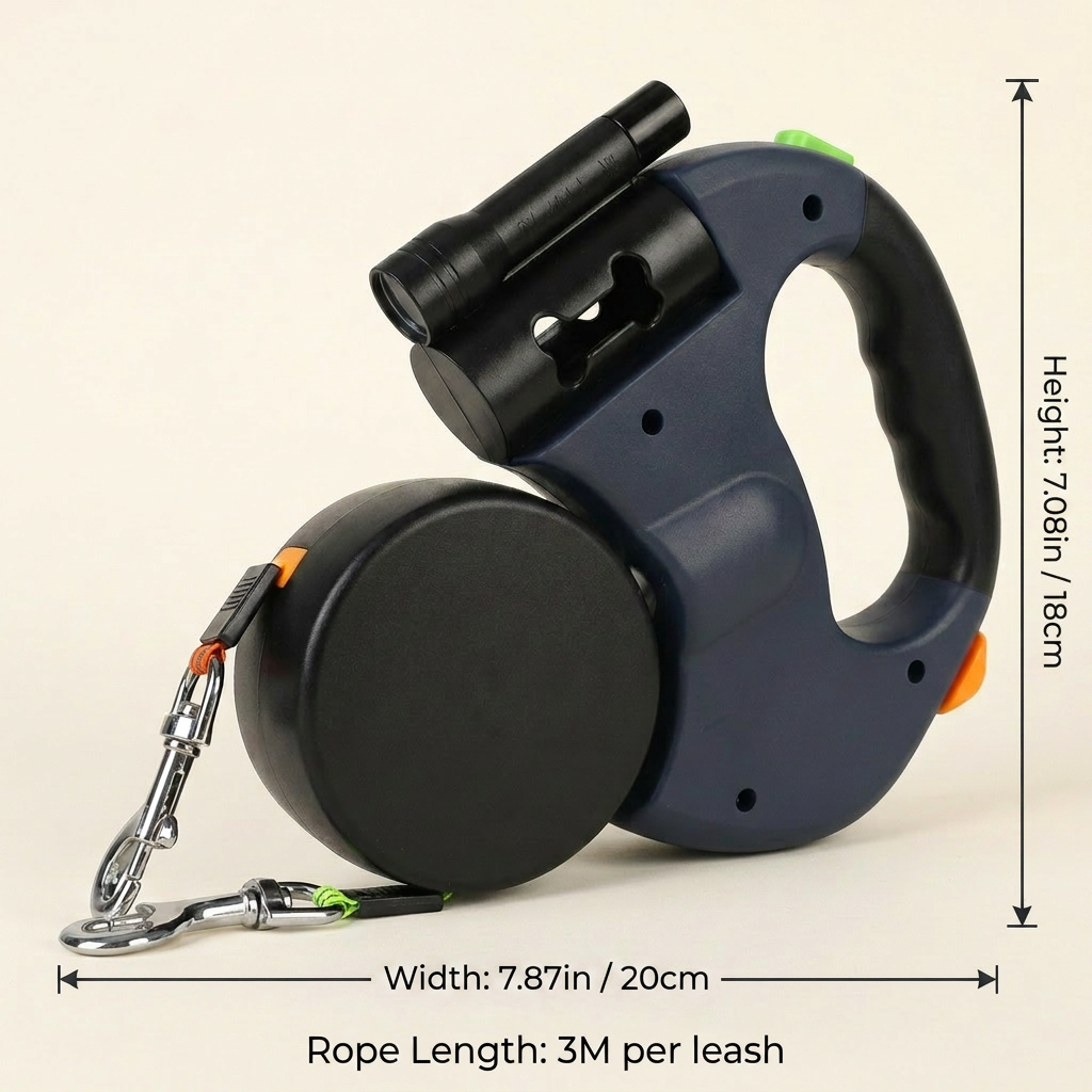 Dual Retractable Dog Lead with LED Light & Poop Bag Dispenser | My Petsworth