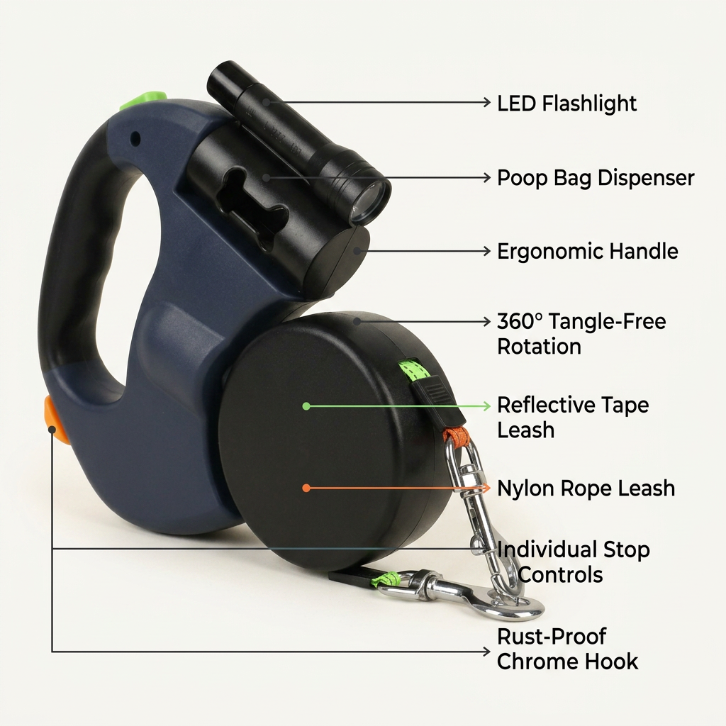 Dual Retractable Dog Lead with LED Light & Poop Bag Dispenser | My Petsworth