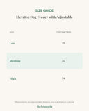 Size chart for the adjustable elevated dog feeder in centimetres