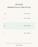 Size guide for the inflatable recovery collar for dogs showing measurements in centimetres for each size
