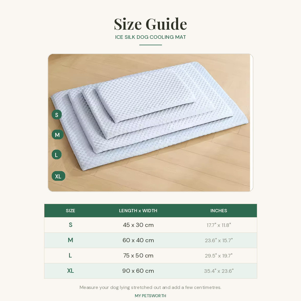 Ice silk cooling mat size chart S to XL — My Petsworth