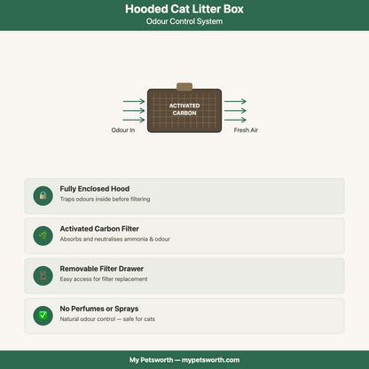 Hooded cat litter box odour control system — activated carbon filter infographic — My Petsworth