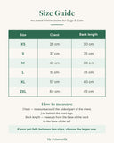 Size guide for the insulated winter jacket for dogs & cats showing chest and back length in centimetres for each size