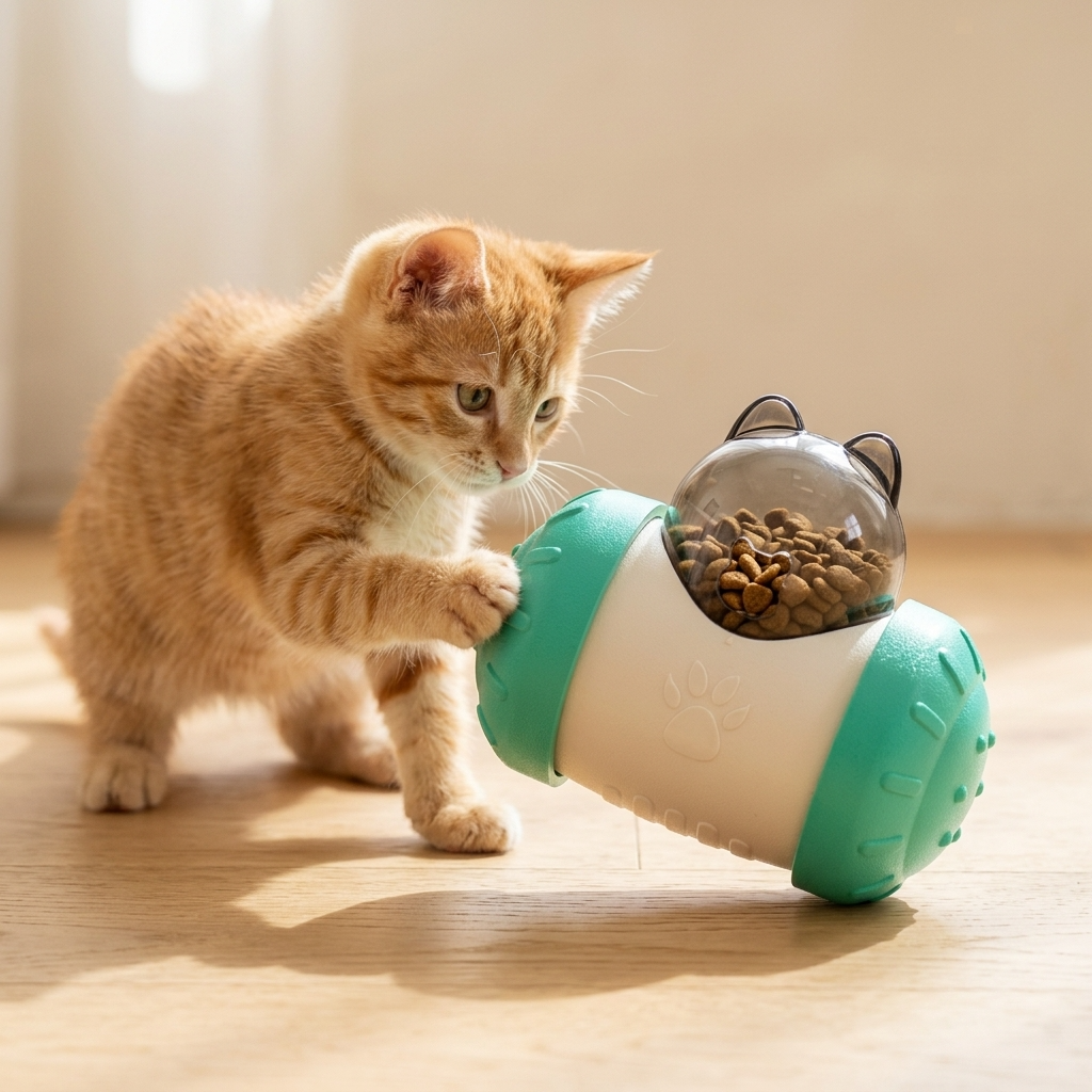 Ginger cat playing with treat-dispenser toy – action