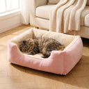 Pink cushioned cat bed for cats, lifestyle photo