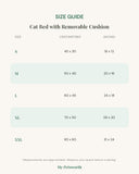 Size guide for the cat bed with removable cushion with measurements in centimetres and inches