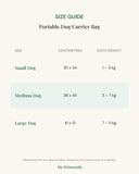 Size guide for the portable dog carrier bag with measurements in centimetres and inches