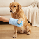 Blue microfibre dog grooming glove for quick-drying baths, lifestyle photo