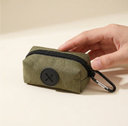 Army Green canvas dog poo bag holder with carabiner clip, scale photo