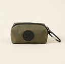 Army Green canvas dog poo bag holder with carabiner clip, studio photo