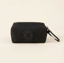 Black canvas dog poo bag holder with carabiner clip, studio photo