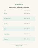 Size chart for the waterproof mattress protector, Single to Emperor