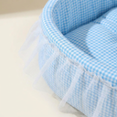 Blue plush oval cat bed with lace trim for small dogs & cats, detail photo