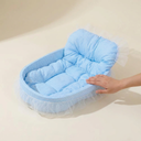 Blue plush oval cat bed with lace trim for small dogs & cats, scale photo