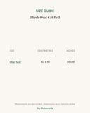Size guide for the plush oval cat bed with measurements in centimetres and inches