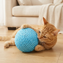 Blue sisal scratch ball toy with jingle bell for cats, lifestyle photo